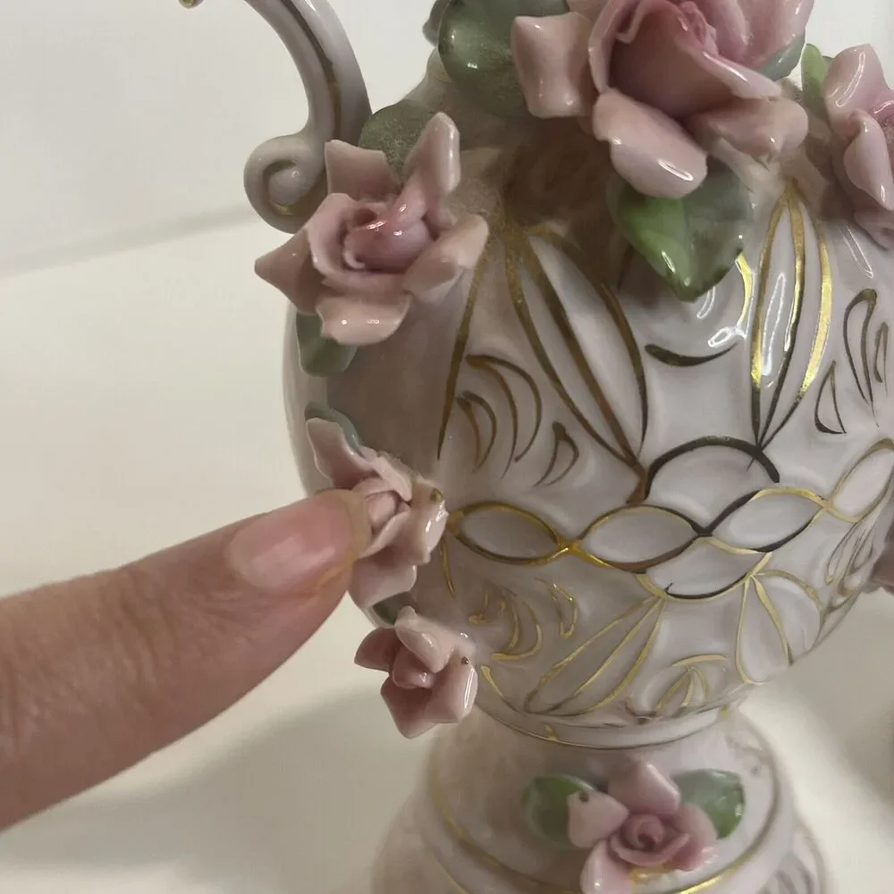 Vintage Lefton China Pink Roses Pitcher Vase Pair See Description